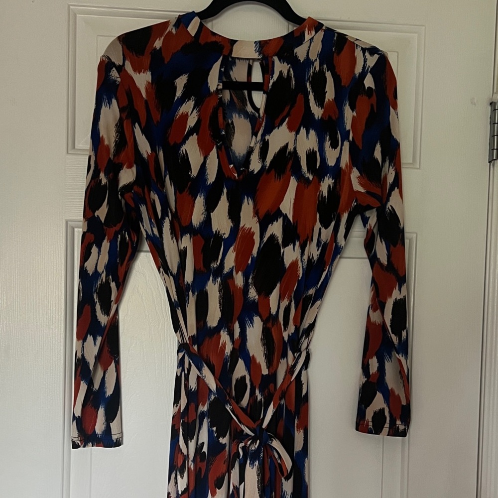 VENUS Long Sleeve Dress in Red, Blue, and Black Pattern NWOT